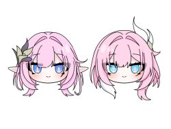 Rule 34 | 2girls, blue eyes, color connection, commentary, company connection, cyrene (honkai: star rail), elf, elysia (honkai impact), elysia (miss pink elf) (honkai impact), hair color connection, hair ornament, head only, honkai: star rail, honkai (series), honkai impact 3rd, inoue marina, looking at viewer, multicolored hair, multiple girls, pink hair, pink pupils, pointy ears, ri 0130, short hair, simple background, smile, symbol-only commentary, two-tone hair, voice actor connection, white background, white hair, yanning