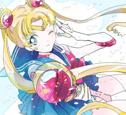1990s_(style) 1girl bad_id bad_pixiv_id bishoujo_senshi_sailor_moon bishoujo_senshi_sailor_moon_r blonde_hair blue_eyes blue_sailor_collar blue_skirt bow camelot cutie_moon_rod double_bun elbow_gloves female_focus gloves hair_bun heart long_hair one_eye_closed red_bow retro_artstyle rod sailor_collar sailor_moon school_uniform serafuku sideways_glance skirt solo tsukino_usagi twintails white_gloves wings wink