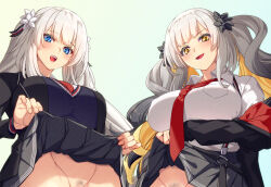 2girls 846-gou :d adversarial_noise arm_under_breasts black_jacket black_skirt blazer blue_eyes blue_sweater breast_pocket breasts clothes_lift commentary_request dual_persona fate/grand_order fate_(series) female_pubic_hair from_below grey_hair highres jacket lifting_own_clothes long_hair looking_at_viewer marie_antoinette_(fate) marie_antoinette_alter_(fate) multiple_girls necktie open_mouth out-of-frame_censoring pleated_skirt pocket pubic_hair red_necktie school_uniform skirt skirt_lift smile sweater teeth twintails upper_teeth_only very_long_hair white_hair yellow_eyes