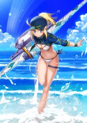 1girl ahoge artoria_pendragon_(fate) baseball_cap bikini blonde_hair blue_background blue_eyes blue_hat blue_jacket blue_sky blush breasts bunbun cleavage closed_mouth cloud cropped_jacket fate/grand_order fate_(series) hair_through_headwear hat high_ponytail holding holding_polearm holding_weapon horizon jacket leaning_forward leg_up looking_at_viewer medium_breasts mysterious_heroine_xx_(fate) navel ocean official_art outstretched_arms polearm ponytail short_hair side-tie_bikini_bottom sidelocks sky smile solo splashing standing standing_on_one_leg swimsuit thigh_gap thigh_strap third-party_source three-quarter_sleeves twinmyniad_(fate) wading water weapon white_bikini wristband zipper zipper_pull_tab
