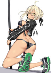 1girl ahoge artoria_pendragon_(fate) ass bikini black_bikini black_shoes black_shrug blonde_hair blush braid breasts butt_crack covered_erect_nipples cropped_jacket double_bun fate/grand_order fate_(series) hair_between_eyes hair_bun kneeling long_hair looking_at_viewer looking_back medium_breasts mysterious_heroine_x_alter_(fate) mysterious_heroine_xx_alter_(fate) namonashi shoes shrug_(clothing) sidelocks sneakers solo swimsuit yellow_eyes