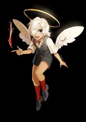 1boy angel angel_wings black_background black_eyes black_shorts black_vest blonde_hair commentary_request dagger extra_eyes full_body hair_over_one_eye halo highres kneehighs knife looking_at_viewer male_focus momomo_906 neck_ribbon original red_ribbon ribbon shirt short_hair short_sleeves shorts simple_background socks solo tan traditional_halo vest weapon white_shirt white_wings wing_eyes wings