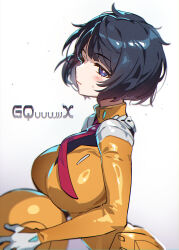 1girl black_hair blue_eyes bodysuit breasts commentary grey_background gundam gundam_gquuuuuux highres large_breasts senri_gan shiiko_sugai short_hair simple_background solo upper_body yellow_bodysuit