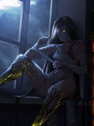 1girl applying_bandages bandage_on_hip bandage_over_one_eye bandaged_arm bandaged_chest bandaged_head bandages bandages_over_mouth battle_scarred black_hair chest_sarashi dark-skinned_female dark_skin glowing glowing_eye glowing_veins hair_down hair_over_one_eye highres limbus_company long_hair moonlight naked_bandage one_eye_covered project_moon sarashi scar scar_on_chest sitting solo window yellow_eyes zilu_(project_moon) zio_444