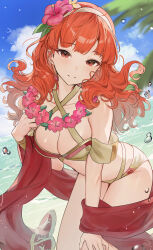 1girl alternate_costume beach bikini bracelet breasts brown_bikini bubble celica_(fire_emblem) celica_(summer)_(fire_emblem) cleavage cloud criss-cross_halter fire_emblem fire_emblem_echoes:_shadows_of_valentia fire_emblem_heroes flower flower_hairband flower_necklace hairband halterneck haru_(nakajou-28) highres jewelry lei medium_breasts necklace nintendo official_alternate_costume palm_tree red_eyes red_hair sash swimsuit tree water