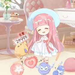 &gt;_&lt; 1girl ^_^ artist_request bedroom blue_hat blunt_bangs blunt_ends bow bow_choker bowtie carpet chair cherry_blossoms chibi chinese_commentary choker closed_eyes commentary_request curtsey day dot_nose double-parted_bangs drawer dress flower gameplay_mechanics gifty_(nikki) happy hat heart heart-shaped_pillow heart_print holding holding_sign indoors light_blush lily_(flower) long_dress long_hair miracle_nikki nikki_(nikki) nikki_(series) official_art open_mouth pillow pink_bow pink_flower pink_hair pleated_dress red_shoes score second-party_source shoes sidelocks sign smile socks sparkle standing straight_hair strapless strapless_dress sun_hat table tree vase very_long_hair waist_bow white_bow white_bowtie white_choker white_dress white_flower window wooden_floor