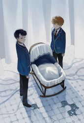 Rule 34 | 2boys, absurdres, black pants, blue jacket, broken tile, brown eyes, brown hair, commentary request, cradle, curtains, frown, grey eyes, highres, jacket, kaibutsu no yurikago, looking at viewer, male focus, multiple boys, nakano kaworu, necktie, pants, red necktie, school uniform, speech bubble, tile floor, tiles