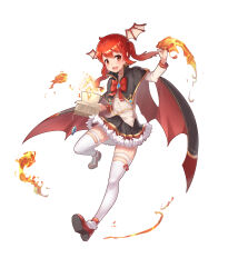 1girl absurdres azusaec blush book bow bowtie cape capelet crystal fire fur_skirt highres magical_girl medium_hair open_mouth original red_bow red_bowtie red_eyes red_hair shoes smile thighhighs vampire white_thighhighs wings