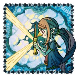 1girl beak bird_girl blush_stickers brown_hair dress from_side gameplay_mechanics grey_dress highres light_rays long_hair medli nintendo pearjarrr ponytail red_eyes reflective_surface rito smile solo the_legend_of_zelda the_legend_of_zelda:_the_wind_waker very_long_hair