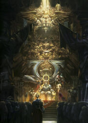 3girls 6+boys adepta_sororitas adeptus_astartes adeptus_mechanicus angel angel_wings aquila_(symbol) architecture armor balcony banner battle_standard belisarius_cawl black_hair blonde_hair boobplate breastplate candle carpet cherub cloak commentary coronation dress eagle_head_(ornament) eldar emperor_of_mankind english_commentary flag full_armor gauntlets greaves halberd halo helmet highres holding holding_halo holding_polearm holding_scroll holding_weapon imperial_aquila imperium_of_man indoors inquisition_(warhammer) inquisitor_katarinya_greyfax laurel_crown living_saint male_focus marneus_calgar multiple_boys multiple_girls no_headwear official_art omega_symbol ornate ornate_armor pauldrons pedronunez_art pilgrim_hat polearm power_armor primarch red_carpet red_cloak red_dress roboute_guilliman saint_celestine scroll servo-skull shoulder_armor sitting_on_throne skeleton skull_ornament spear spiked_halo stairs statue stone_stairs throne ultramarines vambraces war_banner warhammer_40k weapon wings yellow_halo yellow_light yvraine