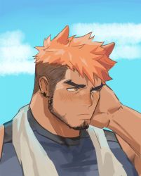 1boy animated animated_gif apologizing bara beard blush brown_hair dark-skinned_male dark_skin earrings facial_hair goatee grin hair_ears highres jewelry looking_at_viewer male_focus mature_male multicolored_hair muscular muscular_male nose_blush orange_eyes orange_hair original portrait shirt short_hair sleeveless sleeveless_shirt smile solo stubble thick_eyebrows towel towel_around_neck two-tone_hair undercut unfinished xianyusamuel