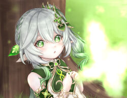 Rule 34 | 1girl, bare shoulders, blush, commentary, day, detached sleeves, dress, genshin impact, gold trim, gradient hair, green eyes, green hair, green sleeves, hair between eyes, hair ornament, highres, leaf hair ornament, long hair, multicolored hair, nahida (genshin impact), outdoors, parted lips, pointy ears, side ponytail, sleeveless, sleeveless dress, solo, sorata (fuyuki 15 50), star-shaped pupils, star (symbol), symbol-shaped pupils, white dress, white hair