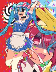 2girls apron arms_up black_eyes blue_dress blue_hair bow buttons commentary crazy dress gloves hat hat_bow hatsune_miku highres kasane_teto long_hair looking_at_viewer mesmerizer_(vocaloid) multiple_girls one_eye_closed open_mouth pinstripe_dress pinstripe_pattern red_eyes red_footwear red_hair roller_skates shaded_face sharp_teeth short_sleeves skates standing standing_on_one_leg striped_bow teeth tere_douga tongue tongue_out twintails utau very_long_hair visor_cap vocaloid waist_apron white_apron wrist_cuffs yellow_gloves
