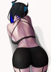 Rule 34 | 1girl, absurdres, ass, asymmetrical horns, bare back, bike shorts, black bra, black hair, black horns, black shorts, blue hair, bra, breasts, colored inner hair, crystal horns, demon horns, dimples of venus, from behind, garter straps, hand on own neck, highres, hololive, hololive english, horns, large breasts, long hair, multicolored hair, nerissa ravencroft, planking, shorts, simple background, soju ice, solo, two-tone hair, underwear, uneven horns, virtual youtuber, white background