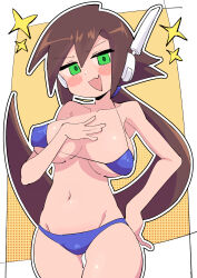 1girl absurdres aile_(mega_man_zx) bikini blue_bikini blush_stickers breasts brown_hair buzzlyears cowboy_shot fang green_eyes highres large_breasts looking_at_viewer mega_man_(series) mega_man_zx mega_man_zx_advent navel robot_ears skin_fang smug solo sparkle swimsuit