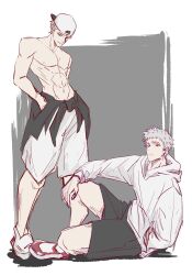 2boys age_difference black_hoodie black_shorts earrings gold_earrings grey_hair hand_in_pocket hand_on_own_knee hands_in_pockets highres hood hoodie jewelry light_smile long_sleeves looking_at_viewer multiple_boys original red_eyes sanasanase shoes shorts sketch sneakers solo topless_male tower_of_god two-tone_background urek_mazino white_hoodie white_shoes white_shorts