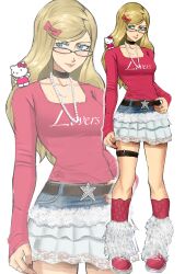 1girl absurdres belt blonde_hair blue_eyes chaosoded collarbone denim denim_skirt glasses hair_ornament hairclip hello_kitty hello_kitty_(character) highres jewelry layered_skirt leg_warmers lips long_hair looking_at_viewer miniskirt necklace pearl_necklace persona persona_5 pleated_skirt red_socks sanrio shirt shoes skirt smile sneakers socks solo sweater takamaki_anne