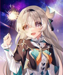 1girl black_jacket blush breasts firefly_(honkai:_star_rail) grey_hair hair_between_eyes hair_intakes hair_ornament highres holding holding_fireworks honkai:_star_rail honkai_(series) jacket long_hair medium_breasts necktie nitsuke open_mouth orange_necktie pink_eyes smile solo upper_body