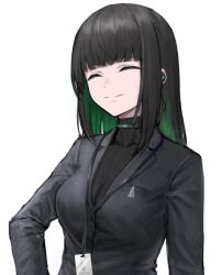 1girl absurdres allmind_(armored_core_vi) armored_core armored_core_vi:_fires_of_rubicon black_hair black_suit colored_inner_hair earpiece erorange formal_clothes green_hair highres lanyard long_hair multicolored_hair personification smile solo suit white_background
