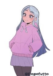 1girl andrea_davenport black_thighhighs blue_hair closed_mouth commentary cowboy_shot drawstring hands_in_pockets hashtag-only_commentary hood hoodie long_hair long_sleeves nanase_(trfok1) pink_hoodie purple_eyes purple_skirt simple_background skirt smile solo the_ghost_and_molly_mcgee thighhighs twitter_username white_background