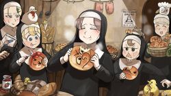 &gt;_&lt; 5girls :d :p :t animal animal_on_head baby_animal bagel baguette basket bird bird_on_head bite_mark blonde_hair blue_bow blue_eyes boomerang bow bread brown_eyes brown_hair chef_hat chicken closed_eyes clumsy_nun_(diva) commentary corn croissant diva_(hyxpk) door duck duckling earthworm eating english_commentary flower food food_in_mouth food_on_face freckles frog froggy_nun_(diva) goose grey_hair habit hair_flower hair_ornament hairclip hat highres holding holding_paper hungry_nun_(diva) jam kitchen ladle little_nuns_(diva) loaf_of_bread mole mole_under_eye motion_blur multiple_girls nun on_head open_mouth oven_mitts paper poster_(object) red_hair sheep_nun_(diva) silhouette slice_of_life smile spatula spoon steam strawberry_jam strict_nun_(diva) surprised sweat tongue tongue_out traditional_nun triangle_mouth worm x