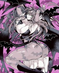 1girl animal_print armpits arms_behind_head ass bat_(animal) bat_background bat_print bat_wings boots breasts capcom cleavage clothing_cutout commentary_request demon_girl fang head_wings heart_cutout high_heel_boots high_heels highres large_breasts leotard long_hair looking_at_viewer looking_back low_wings monochrome morrigan_aensland pantyhose print_pantyhose sitting smile solo takatsuki_ichi darkstalkers wings