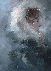 Rule 34 | 1boy, animated, animated gif, breath, brown hair, closed mouth, closing eyes, crying, dao mu bi ji, floating hair, from side, fur-trimmed hood, fur trim, highres, hood, liumumumumumu, male focus, portrait, profile, short hair, signature, solo, steam, streaming tears, tears, wu xie (daomu biji)