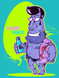 absurdres alcohol barefoot beard_stubble bulge czq131 facial_hair fat fat_man hawaiian_shirt highres male_focus male_swimwear moai navel nipples original pompadour pop_art shirt shrimp signature smile stubble sunglasses swim_briefs