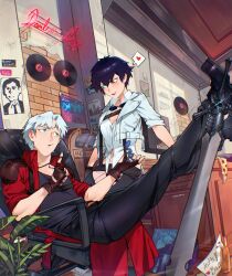 1boy 1girl black_gloves black_hair black_pants black_shirt black_shoes blue_eyes cesar_art456 chair coat commentary_request dante_(devil_may_cry) desk devil_may_cry_(netflix) devil_may_cry_(series) fingerless_gloves food gloves green_eyes heart heterochromia highres indoors jacket lady_(devil_may_cry) midriff on_chair pants pizza pizza_slice rebellion_(sword) red_coat red_eyes shirt shoes sitting sword weapon white_hair white_jacket white_shirt