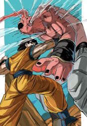 2boys battle black_hair blue_boots blue_shirt boots border colored_skin dougi dragon_ball dragonball_z haihunn58 highres majin_buu male_focus multiple_boys muscular muscular_male orange_pants orange_shirt pants pink_skin potential_unleashed punching shirt short_hair son_gohan spiked_hair steam stomach_punch super_buu topless_male white_border white_pants
