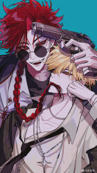 Rule 34 | 2boys, absurdres, aqua background, beretta 92, black jacket, black necktie, black shirt, blonde hair, blue background, braid, collared shirt, earrings, facial mark, fangs, formal clothes, gun, gun to head, hair over shoulder, handgun, highres, holding, holding gun, holding weapon, jacket, jewelry, long hair, long sleeves, looking at viewer, male focus, mouth hold, multiple boys, necklace, necktie, open mouth, red eyes, red hair, shiguang dailiren, shirt, short hair, simple background, single braid, smile, spiked hair, suit, sunglasses, teeth, tennouji (weibo 7977958040), upper body, watermark, weapon, weibo watermark, white jacket, white shirt, xia fei, xiao weiying