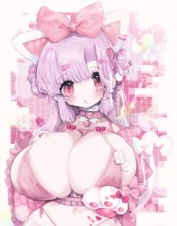1girl animal_ears animal_hands bare_shoulders bell bikini blush bow bow_bra bra breasts choker cleavage collar collarbone curvy elbow_gloves food frills gloves hair_bow hair_ornament hair_ribbon hairclip heart heart-shaped_pupils heart_hair_ornament highres huge_breasts jingle_bell long_hair looking_at_viewer micro_bikini neck_bell original parted_lips paw_gloves pink_bikini pink_bow pink_eyes pink_hair pink_ribbon pink_theme polka_dot polka_dot_bow ribbon shishamosama solo striped_background swimsuit symbol-shaped_pupils tearing_up tears underwear upper_body