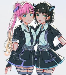 2girls :p anyoji_hime black_hair black_jacket black_necktie black_thighhighs blonde_hair blue_eyes bow choker commentary_request cowboy_shot cropped_legs flipped_hair gradient_hair green_eyes grey_background grin hair_bow hair_bun hair_ornament half_updo highres i_do_me!_(love_live!) jacket link!_like!_love_live! looking_at_viewer love_live! momose_ginko multicolored_hair multiple_girls multiple_thigh_straps necktie neko_raa_men o-ring o-ring_choker o-ring_thigh_strap official_alternate_costume open_clothes open_jacket pink_hair raised_eyebrow short-sleeved_jacket short_sleeves side_ponytail simple_background single_side_bun smile thigh_strap thighhighs tongue tongue_out two_side_up virtual_youtuber x_hair_ornament zettai_ryouiki