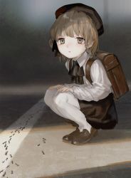 1girl ant backpack bad_id bad_twitter_id bag black_hat black_skirt brown_hair bug collared_shirt commentary female_focus film_grain hands_on_own_knees hat hatoba_tsugu insect looking_ahead looking_at_viewer medium_hair mole mole_under_eye mumi_(otakutanosiiyo) open_mouth pantyhose randoseru shirt short_hair skirt solo squatting suspenders virtual_youtuber white_shirt