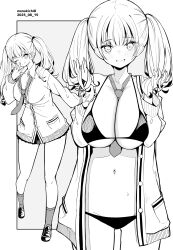Rule 34 | 1girl, ;), artist name, between breasts, bikini, blush, breasts, cleavage, commentary request, dated, full body, grey background, greyscale, highres, kichihachi, large breasts, loafers, monochrome, multiple views, navel, necktie, necktie between breasts, one eye closed, open clothes, original, school uniform, shoes, smile, socks, standing, swimsuit, twintails, two-tone background, white background