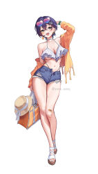 1girl absurdres bandaid bandaid_on_leg belle_(zenless_zone_zero) blue_shorts glasses_on_head highres navel sandals short_hair shorts solo white_background yuna_(deadawon) zenless_zone_zero