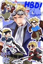 Rule 34 | 1boy, animal ears, armor, ascot, astronaut, blonde hair, blue background, blue eyes, blue jacket, blue shirt, border, brown gloves, cat ears, cat tail, character name, chest strap, chibi, chibi inset, cid highwind, cigarette, coat, facial hair, final fantasy, final fantasy vii, final fantasy vii ever crisis, furrowed brow, gloves, goggles, goggles on head, grengran2, grey pants, grin, happy birthday, highres, holding, holding polearm, holding weapon, jacket, kemonomimi mode, long coat, male focus, multiple views, official alternate costume, pants, pauldrons, polearm, red coat, shirt, short hair, shoulder armor, smile, solo, stubble, tail, teeth, weapon, white ascot, white border