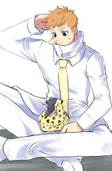 Rule 34 | 2boys, animal, animalization, arm behind head, arm up, black eyes, black hair, cat, closed mouth, collared shirt, commentary request, devil fruit power, frown, high collar, highres, indian style, kaku (one piece), leopard, long nose, long sleeves, looking at another, male focus, mini person, miniboy, multiple boys, on lap, one piece, orange hair, pants, person and animalization, rob lucci, sacchan (sacchan 18), scar, scar on back, shirt, short hair, sideburns, simple background, sitting, sitting on lap, sitting on person, sleeve cuffs, spotted fur, sweat, sweatdrop, white background, white footwear, white pants, wing collar