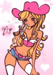 1girl belt blonde_hair blowing_smoke blue_eyes blue_shorts blush breasts cleavage collarbone cowboy_hat cowgirl_(western) crop_top dark-skinned_female dark_skin denim denim_shorts eyelashes eyeshadow ganguro gun gyaru handgun hat heart heart_background holding holding_gun holding_weapon lilitafaery lips long_hair makeup midriff navel original pink_background pink_hat pink_shirt pinup_(style) pistol revolver shirt shoe_diva_(style) short_shorts shorts small_breasts sparkle sparkle_background strapless thighhighs tube_top weapon white_thighhighs