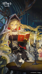 Rule 34 | 1girl, absurdres, animal ears, antlers, antlers through hood, arknights, black dress, black gloves, blonde hair, book, candle, candlelight, candlestand, cape, closed mouth, commentary request, cup, deer antlers, deer ears, deer girl, dress, ears through hood, fingerless gloves, flower, gauntlets, gloves, hair between eyes, highres, holding, holding book, hood, hooded cape, horns, indoors, long hair, partially fingerless gloves, purple eyes, rafaelaaa, reading, round table, saucer, single fingerless glove, sitting, smile, solo, table, teacup, teapot, very long hair, viviana (arknights), white hood
