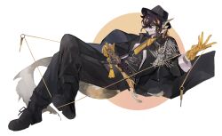 1boy absurdres arknights black_coat black_hair black_hat black_pants black_shirt black_shoes blonde_hair coat commentary fedora fins furry furry_male gloves hat head_fins highres lee_(arknights) long_sleeves looking_at_viewer male_focus pants scarf senjunamako_(hakiaya) shirt shoes short_hair simple_background smile solo white_background yellow_background yellow_eyes yellow_gloves yellow_scarf