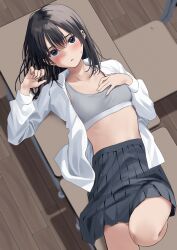 1girl absurdres black_hair black_skirt blue_eyes blush chair commentary_request desk grey_sports_bra hand_on_own_chest highres indoors knee_up long_sleeves looking_at_viewer medium_hair nagio_(kiona) on_desk open_clothes open_shirt original parted_lips pleated_skirt school_chair school_desk school_uniform shadow shirt sitting skirt solo sports_bra stomach white_shirt wooden_floor
