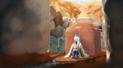 1girl blue_skirt blurry blurry_background boots footwear_ribbon hat hat_ribbon highres japanese_clothes kariginu layered_clothes mononobe_no_futo on_floor pom_pom_(clothes) ponytail ribbon ribbon-trimmed_sleeves ribbon_trim ritsuzou skirt stone stone_walkway sunlight tate_eboshi tomb touhou white_hair wide_sleeves