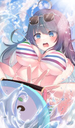 1girl absurdres ahoge bikini black_hair blue_eyes blue_sky blush breast_slip breasts cloud commentary_request day eyewear_on_head highres innertube inohara_koboshi large_breasts long_hair looking_at_viewer navel nekouta o-ring o-ring_bikini o-ring_top ongeki open_clothes open_mouth outdoors sky solo splashing striped_bikini striped_clothes sunglasses swim_ring swimsuit underboob undone_bikini untied_bikini wading water water_drop