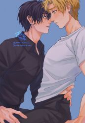 Rule 34 | 2boys, absurdres, akeuraji tsukasa, artist name, black hair, black pants, black shirt, blonde hair, blue background, blush, hand on own hip, highres, imminent kiss, male focus, medalist (manga), mona kanakana, multiple boys, pants, shirt, white shirt, yaoi, yellow eyes, yodaka jun