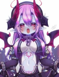 Rule 34 | 1girl, armored gloves, asmodeus (eco), bare shoulders, beret, black dress, body markings, bodysuit, breasts, collar, demon girl, demon horns, demon wings, dress, elbow gloves, emil chronicle online, gloves, hat, highres, horns, large breasts, navel, open mouth, pointy ears, purple hair, red eyes, red horns, satsuki atan, white background, white bodysuit, wings