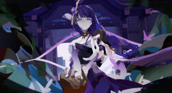 2girls 521984 absurdres architecture arm_up armor blunt_bangs braid bridal_gauntlets chiyo_(genshin_impact) crying east_asian_architecture genshin_impact hair_ornament highres japanese_clothes kimono long_braid long_hair looking_at_viewer multiple_girls neck_ribbon parted_lips pov pov_hands purple_eyes purple_hair purple_kimono purple_nails purple_sash raiden_shogun reaching reaching_towards_another reaching_towards_viewer red_ribbon ribbon sash shade shoulder_armor single_braid standing tears wide_sleeves
