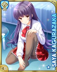 1girl bed bedroom bow brown_hair card_(medium) character_name closed_mouth girlfriend_(kari) grey_legwear indoors kagurazaka_saya kneeling leggings long_hair long_sleeves looking_at_viewer night official_art plaid_clothes plaid_skirt pleated_skirt purple_hair qp:flapper red_bow red_eyes red_skirt school school_uniform shirt skirt smile tagme white_shirt