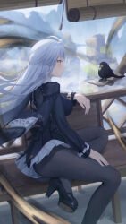 1girl absurdres bird black_bird black_jacket black_leotard black_pantyhose breasts chair day floating_hair from_side high_heels highres jacket large_breasts leotard long_hair mountain mrotan official_alternate_costume on_chair pantyhose parted_lips signature sitting solo white_hair yellow_eyes yixuan_(trails_of_ink)_(zenless_zone_zero) yixuan_(zenless_zone_zero) zenless_zone_zero