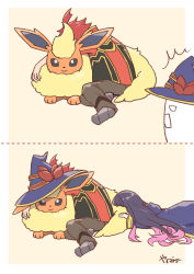 1boy 1girl asagaki_toogo black_hair black_hat body_fur border commentary_request creatures_(company) crossover cuddling flareon game_freak gen_1_pokemon hat highres idola_avorn jacket multicolored_hair nintendo pokemon pokemon_(creature) purple_hair red_fur red_hair red_jacket sentai_red_ga_isekai_de_boukensha_ni_naru simple_background sleeping smile two-tone_hair white_border witch_hat yanagimachi yellow_fur